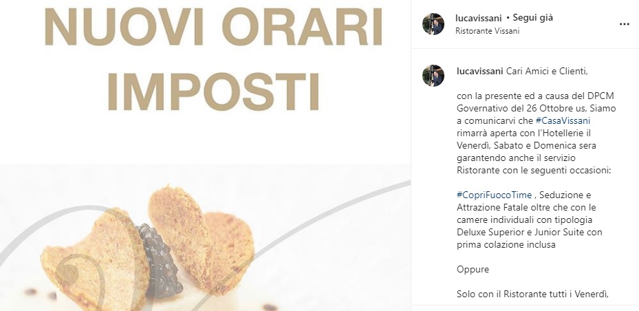 Casa Vissani, nuovi orari del ristorante a pranzo. Cena possibile con l'hotellerie