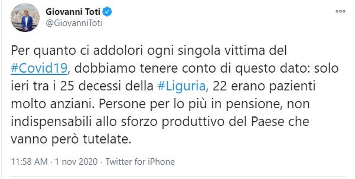 Toti e gli anziani "non indispensabili": prima ritratta e poi conferma