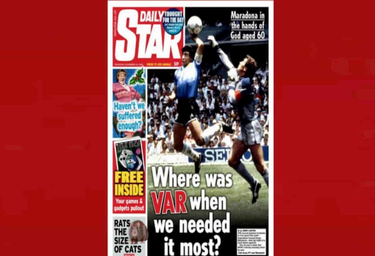 Diego Armando Maradona e la Mano de Dios in prima pagina sul Daily Star: gli inglesi "rosicano" pure adesso