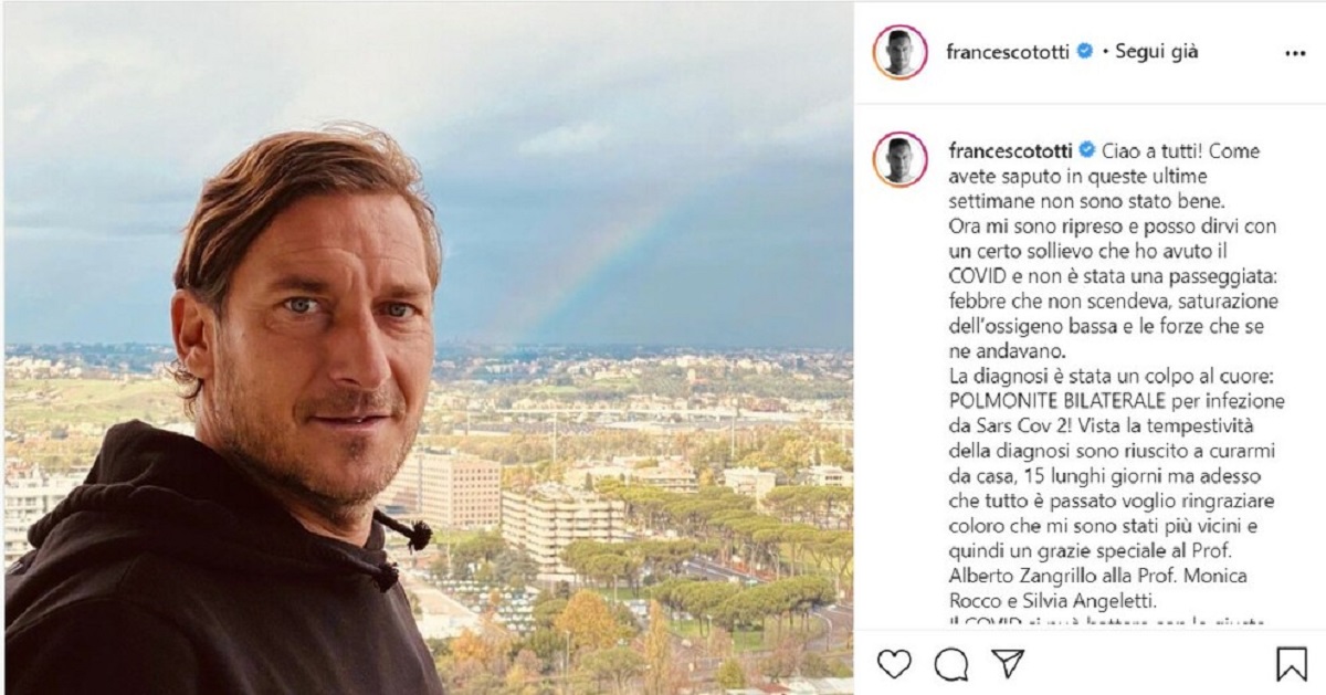 Francesco Totti coronavirus: "Ho avuto polmonite bilaterale. Non è una passeggiata"