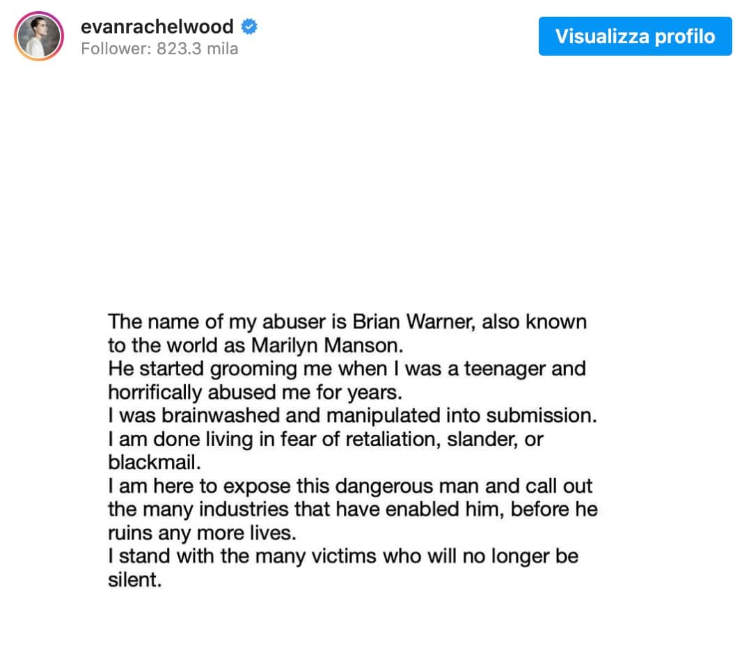 Evan Rachel Wood accusa Marilyn Manson: "Ha abusato di me per anni e mi ha fatto il lavaggio del cervello"