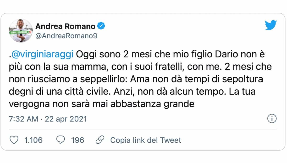 Andrea Romano, il figlio Dario muore e dopo due mesi è ancora senza sepoltura: il tweet contro Virginia Raggi