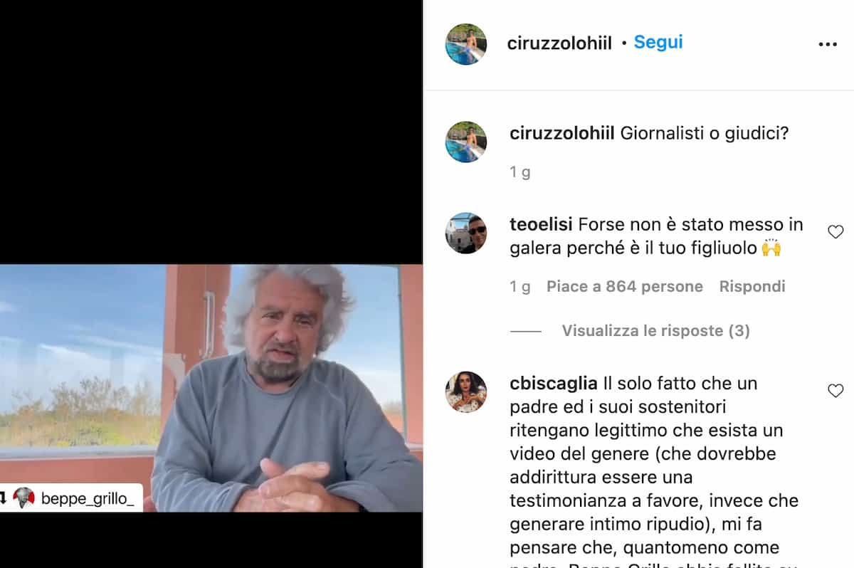 Ciro Grillo rilancia il video del padre Beppe Grillo su Instagram: pioggia di insulti social
