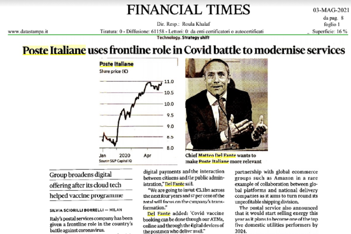 Poste Italiane, Matteo Del Fante al Financial Times: "Rete fisica fondamentale per digitalizzazione del Paese"