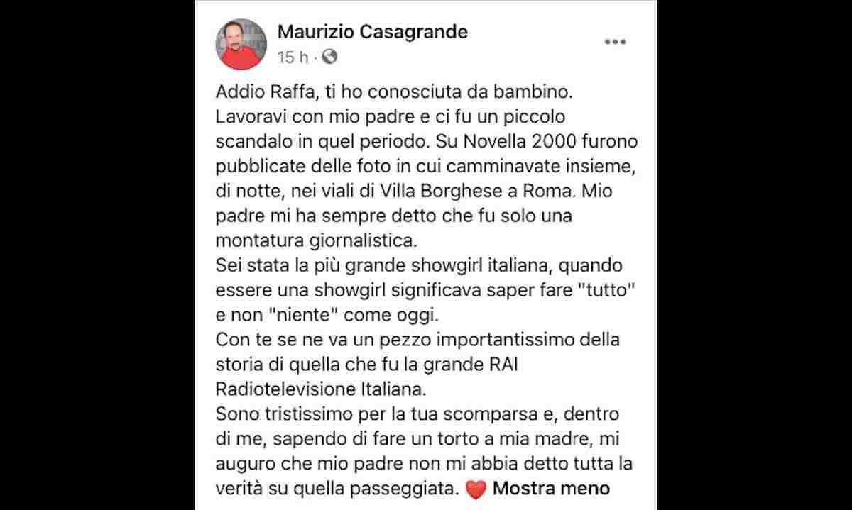 Maurizio Casagrande ricorda Raffaella Carrà sperando che il padre abbia avuto un flirt con lei. E si scusa con la madre...