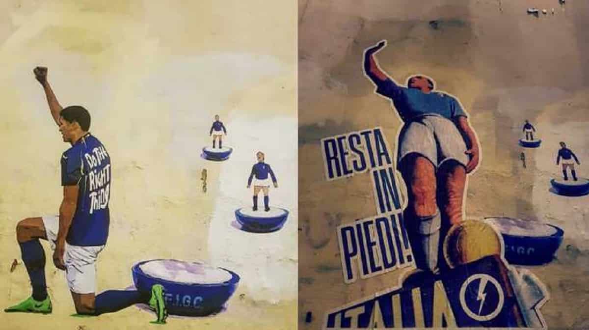 Italia si inginocchia contro il Belgio, a Roma il murales stile fascista di Blocco Studentesco: "Resta in piedi"
