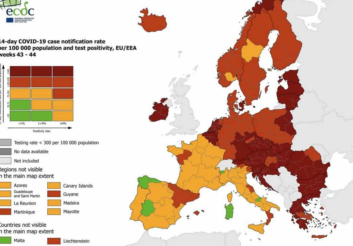 Covid, mappa ECDC: Friuli, provincia di Bolzano, Marche e Calabria in rosso