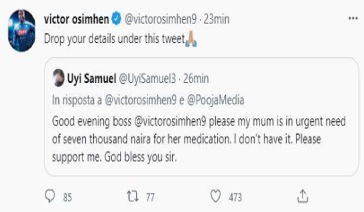 Victor Osimhen su Twitter risponde a una richiesta di aiuto e compra medicine per la mamma di un follower