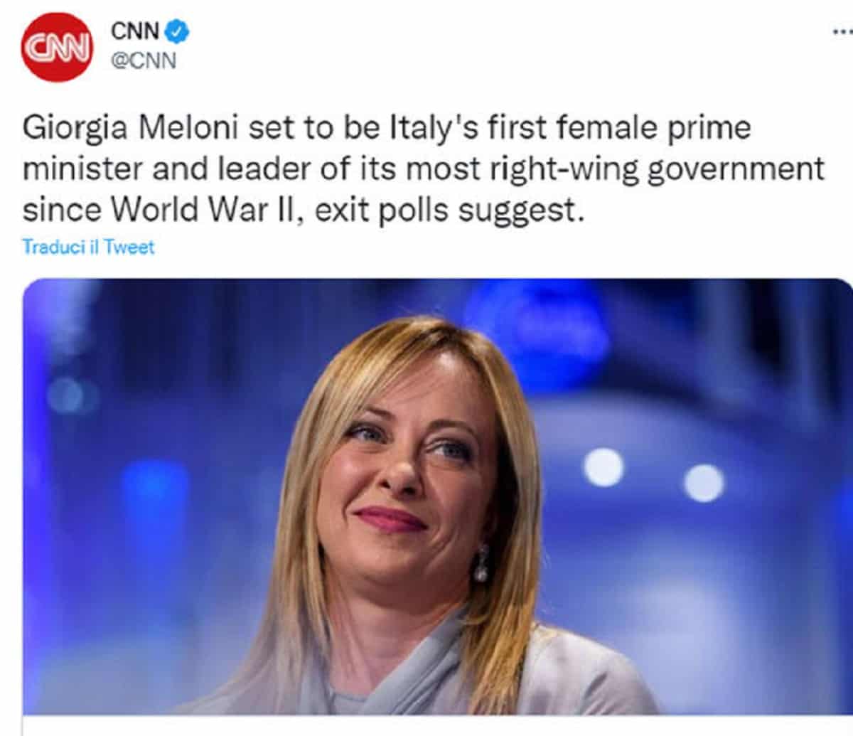 La vittoria della Meloni sulla stampa estera, per la Cnn "primo premier italiano più di destra dopo Mussolini"